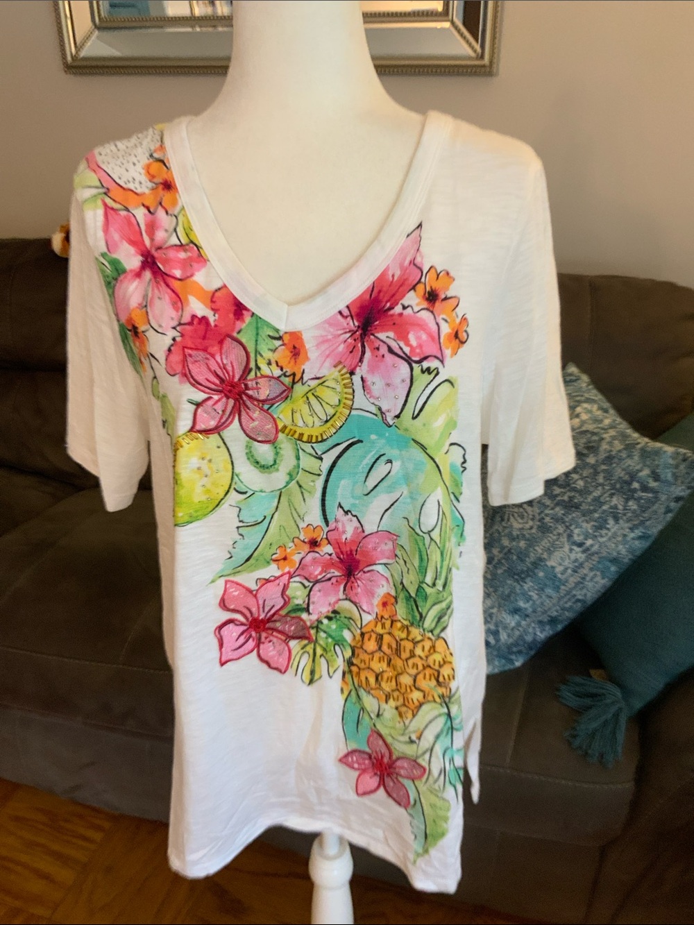 Chico's White Tunic with Teal and Green Floral Accents